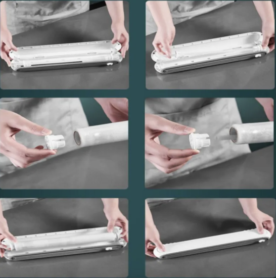 Poza cu Set Dispenser folie alimentara cu lama de taiere, magnet, ventuze de fixare, si folie inclusa 38x6x5cm, alb,albastru