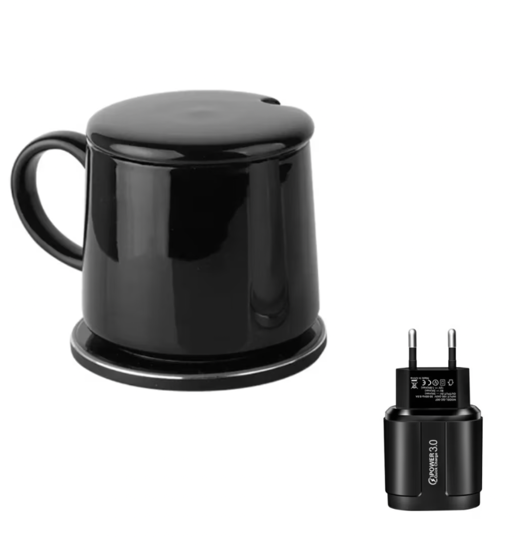 Poza cu Set Incarcator wireless 2 in 1 Qi fast charge inteligent cu cana si incalzire wireless, negru, 18W, pentru iPhone 14, 13, 12, 11