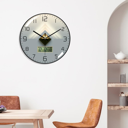 Ceas de perete, Mecanism silentios, 30 cm, calendar cu zi si data, afisaj cu LED pentru temperatura, negru