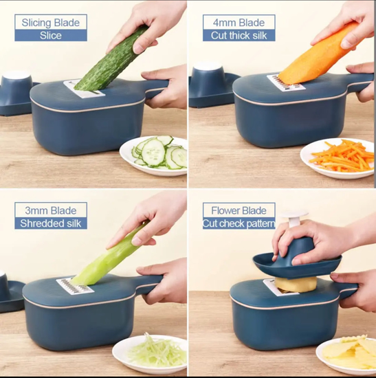 Poza cu Feliator de legume 4in1 multifunctional, 4 taieturi diferite, lame de inox, ABS, Recipient stocare