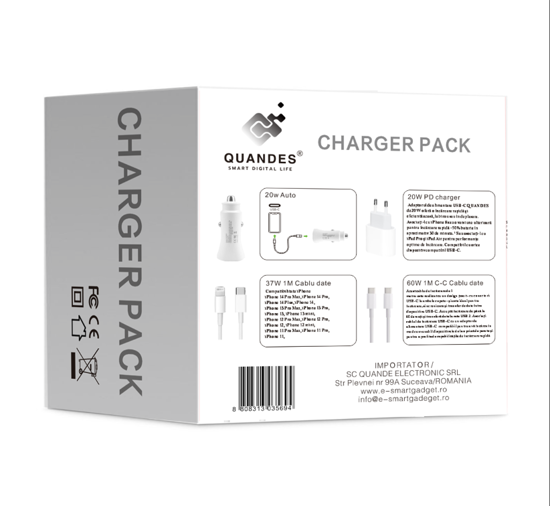 Poza cu Pachet 4 buc Incarcator Fast Charge 20W usb C, pentru iPhone 15pro, 14, 13 12 Pro Max, 1 Cablu de date USB-C - C, 60w, USB-C Lightning, 37w, Adaptor auto USB-C, 20W