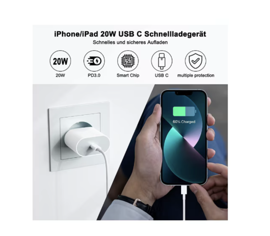 Poza cu Pachet 4 buc Incarcator Fast Charge 20W usb C, pentru iPhone 15pro, 14, 13 12 Pro Max, 1 Cablu de date USB-C - C, 60w, USB-C Lightning, 37w, Adaptor auto USB-C, 20W