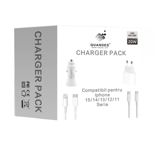 Poza cu Pachet 4 buc Incarcator Fast Charge 20W usb C, pentru iPhone 15pro, 14, 13 12 Pro Max, 1 Cablu de date USB-C - C, 60w, USB-C Lightning, 37w, Adaptor auto USB-C, 20W