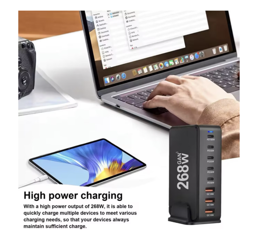 Poza cu Statie de incarcare 268W GaN 8 Porturi QC2.0, QC3.0, PD, PD 3.0 Incarcare rapida USB Type-C pentru Smartphone, MacBook Pro, Laptop, iPad, Samsung Galaxy, iPhone, QUANDES®, negru