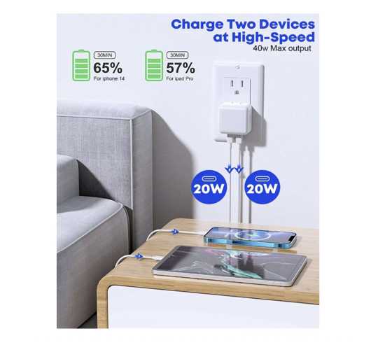 Poza cu Kit Incarcator Dual USB-C 40W Fast Charger, 2 Cablu date USB-C-C 60W, 1M, incarcator auto Dual USB-C-C 60W, Compatibil cu iPhone16, 16 pro max, QUANDES®