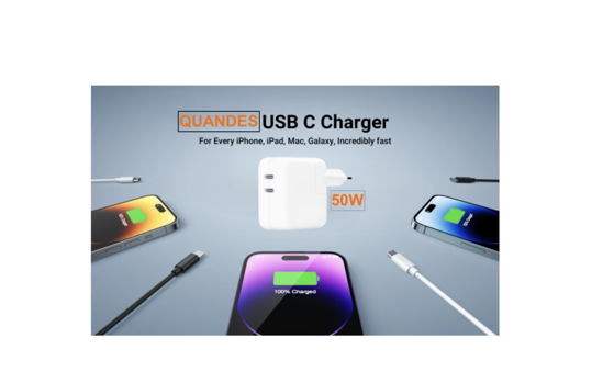 Poza cu Kit Incarcator Dual USB-C 50W Fast Charger, 2 Cablu date USB-C-C 60W, 1M, incarcator auto Dual USB-C-C 60W, Compatibil cu iPhone16, 16 pro max, QUANDES®