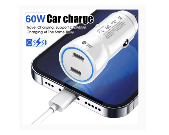 Poza cu Kit Incarcator Dual USB-C 50W Fast Charger, Cablu date USB-C-C 67W, 2M, incarcator auto Dual USB-C-C 60W, Compatibil cu iPhone16, 16 pro max, QUANDES®