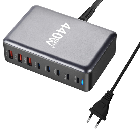 Poza cu Statie de Incarcare Rapida 440W GaN III 8-in-1 QUANDES®, 5 USB-C & 3 USB-A, PD 100W, Compatibila cu Laptop, MacBook, iPhone 16/15/14/13/12 Galaxy S24/S23 si Multe Alte Dispozitive Android, Portabila