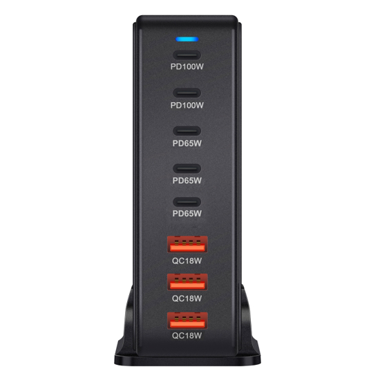 Poza cu Statie de Incarcare Rapida 440W GaN III 8-in-1 QUANDES®, 5 USB-C & 3 USB-A, PD 100W, Compatibila cu Laptop, MacBook, iPhone 16/15/14/13/12 Galaxy S24/S23 si Multe Alte Dispozitive Android, Portabila