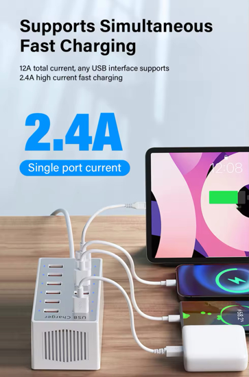 Poza cu Statie de incarcare fast 60W, smart, ventilator cu 12 porturi USB 5V 20A, QUANDES®