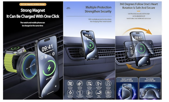 Poza cu 2 in 1 Incarcator Suport pentru masina wireless magnetic 15w incarcare rapida pentru Apple Watch IWatch 8 7 6 iPhone 16 15 14 13 12 Pro Max