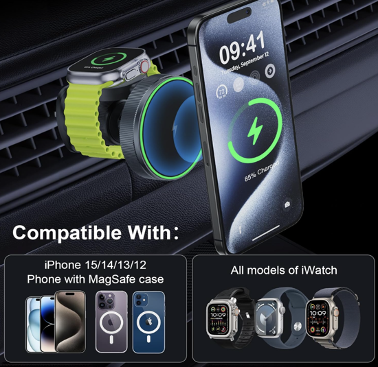 Poza cu 2 in 1 Incarcator Suport pentru masina wireless magnetic 15w incarcare rapida pentru Apple Watch IWatch 8 7 6 iPhone 16 15 14 13 12 Pro Max