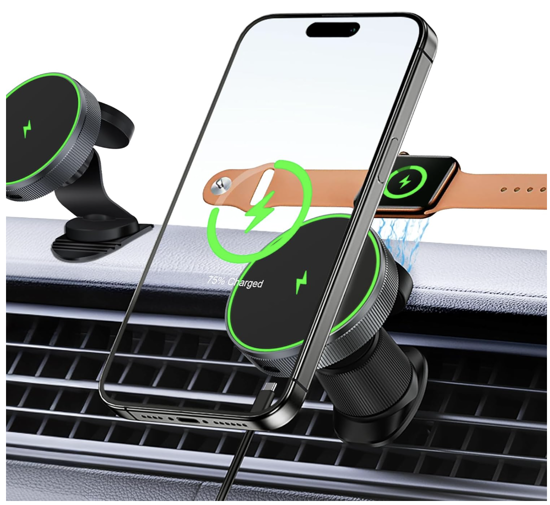 Poza cu 2 in 1 Incarcator Suport pentru masina wireless magnetic 15w incarcare rapida pentru Apple Watch IWatch 8 7 6 iPhone 16 15 14 13 12 Pro Max