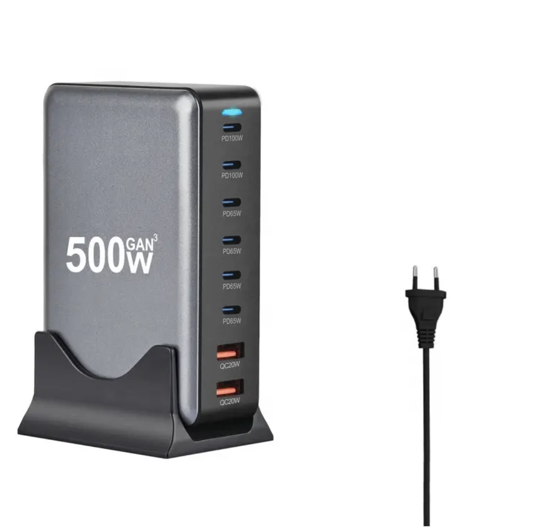 Imagine Statie de Incarcare Rapida 500W GaN III 8-in-1 QUANDES®, 6 USB-C PD 100W, 65W & 2 USB-A, Compatibila cu Laptop, MacBook, iPhone 16/15/14/13 si Multe Alte Dispozitive Android S24/S23/s22 Portabila