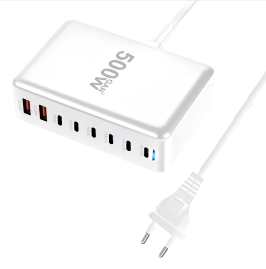 Poza cu Statie de Incarcare Rapida 500W GaN III 8-in-1 QUANDES®, 6 USB-C PD 100W, 65W & 2 USB-A, Compatibila cu Laptop, MacBook, iPhone 16/15/14 si Multe Alte Dispozitive Android S24/S23/s22 Portabila, Alb