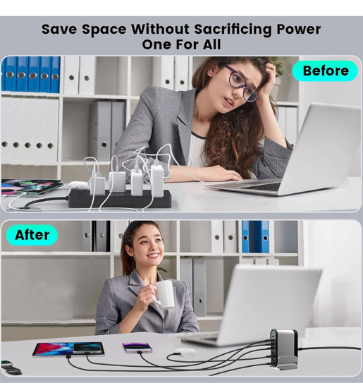 Poza cu Statie de Incarcare Rapida 500W GaN III 8-in-1 QUANDES®, 6 USB-C PD 100W, 65W & 2 USB-A, Compatibila cu Laptop, MacBook, iPhone 16/15/14 si Multe Alte Dispozitive Android S24/S23/s22 Portabila, Alb