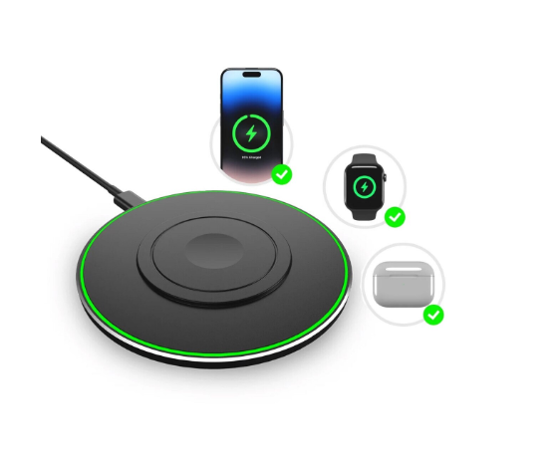 Poza cu Kit 3 in 1 wireless charger slim pad 15w fast charger, incarcator 25w Pd pentru iPhone 16, 15, 15 Pro Max Apple Watch Airpods, negru