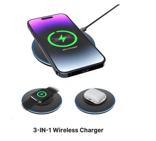 Poza cu Kit 3 in 1 wireless charger slim pad 15w fast charger, incarcator 25w Pd pentru iPhone 16, 15, 15 Pro Max Apple Watch Airpods, negru