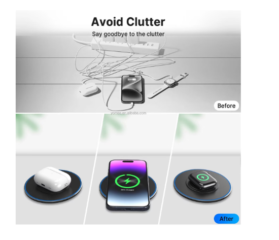 Poza cu Kit 3 in 1 wireless charger slim pad 15w fast charger, incarcator 25w Pd pentru iPhone 16, 15, 15 Pro Max Apple Watch Airpods, negru