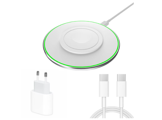 Imagine Kit 3 in 1 wireless charger slim pad 15w fast charger, incarcator 20w Pd pentru iPhone 16, 15, 15 Pro Max Apple Watch Airpods, Alb