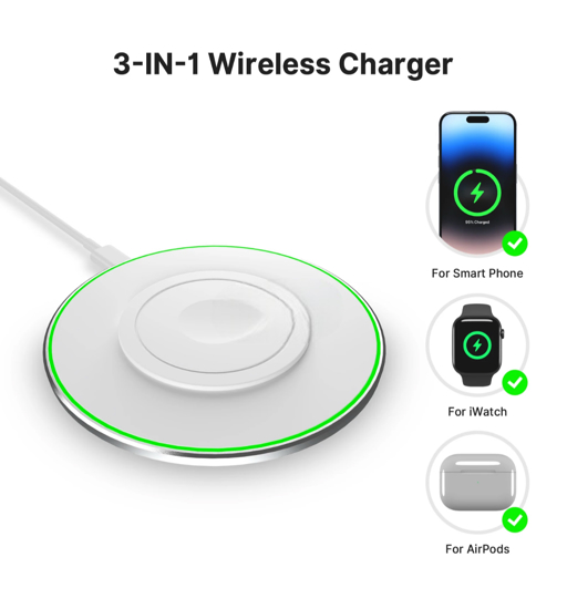 Poza cu Kit 3 in 1 wireless charger slim pad 15w fast charger, incarcator 20w Pd pentru iPhone 16, 15, 15 Pro Max Apple Watch Airpods, Alb