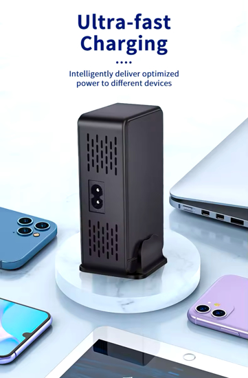 Poza cu Statie de Incarcare Rapida 600W GaN III 8-in-1 QUANDES®, 5 USB-C PD 140W, 100W, 30W & 3 USB-A, Compatibila cu Laptop, MacBook, iPhone 16/15/14/13 si Android S24/S23/s22 Portabila