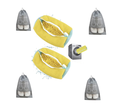 Imagine Kit 2 Saci pentru Spalarea Incaltamintei, Inchidere Sigura, Reutilizabili, 4 Huse pentru protectie incaltaminte, QUANDES®, Galben