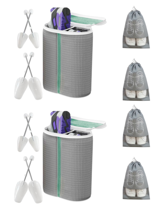Imagine Kit 2 Saci pentru Spalarea Incaltamintei, Compartiment dublu, Reutilizabili, QUANDES®, 4 Set sanuri pantofi cu arc flexibil, Marimea 35 - 39, 40-47, Gri, 4 Huse protectie incaltaminte