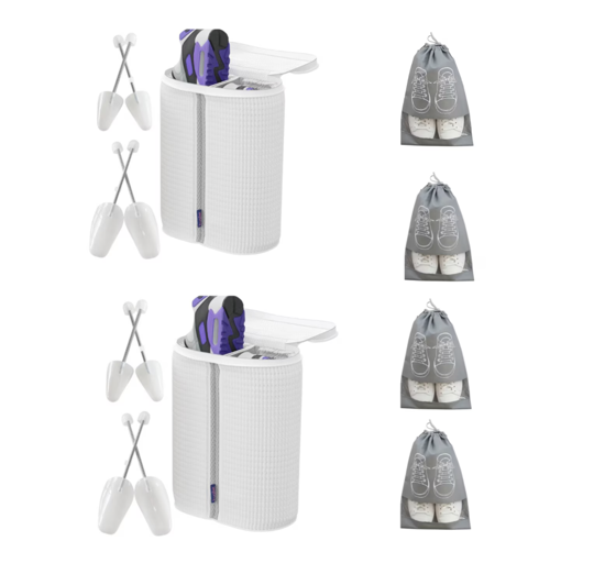 Imagine Kit 2 Saci pentru Spalarea Incaltamintei, Compartiment dublu, Reutilizabili, QUANDES®, 4 Set sanuri pantofi cu arc flexibil, Marimea 35 - 39, 40-47, Alb, 4 Huse protectie incaltaminte