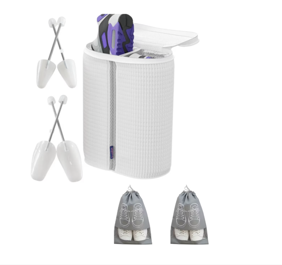 Imagine Kit 1 Sac pentru Spalarea Incaltamintei, Compartiment dublu, Reutilizabili, QUANDES®, 2 Set sanuri pantofi cu arc flexibil, Marimea 35 - 39, 40-47, Alb, 2 Huse protectie incaltaminte