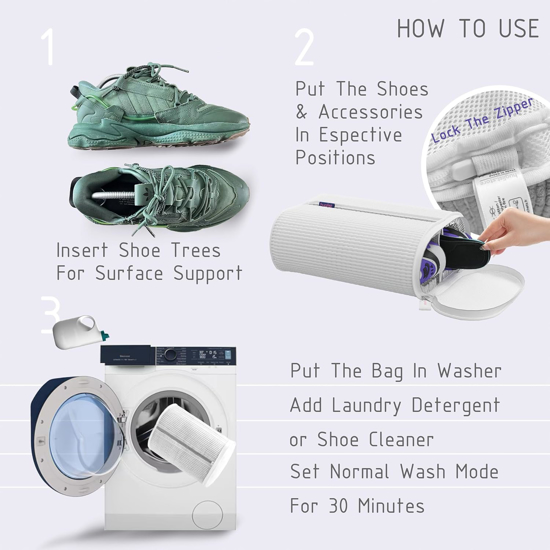 Poza cu Kit 1 Sac pentru Spalarea Incaltamintei, Compartiment dublu, Reutilizabili, QUANDES®, 2 Set sanuri pantofi cu arc flexibil, Marimea 35 - 39, 40-47, Alb, 2 Huse protectie incaltaminte