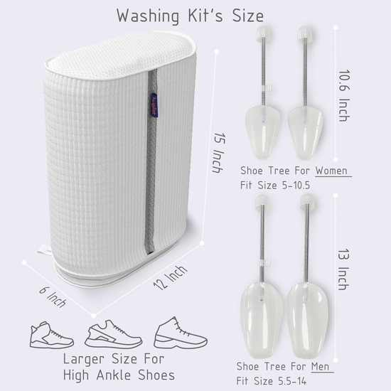 Poza cu Kit 1 Sac pentru Spalarea Incaltamintei, Compartiment dublu, Reutilizabili, QUANDES®, 2 Set sanuri pantofi cu arc flexibil, Marimea 35 - 39, 40-47, Alb, 2 Huse protectie incaltaminte