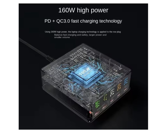 Poza cu Set Statie de incarcare 160w, incarcator extern multi-port incarcare rapida, Usb-C pd65W, QC 3.0, Incarcare wireless fast QI 15w, 2 cablu date  C-C 5A/ USB -C/A