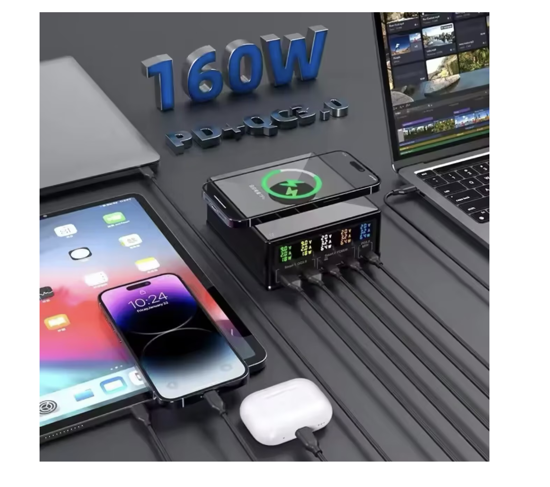 Poza cu Set Statie de incarcare 160w, incarcator extern multi-port incarcare rapida, Usb-C pd65W, QC 3.0, Incarcare wireless fast QI 15w, 2 cablu date  C-C 5A/ USB -C/A