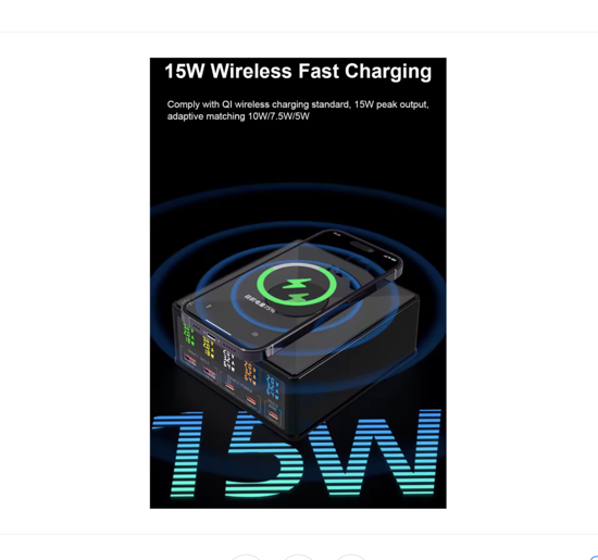 Poza cu Set Statie de incarcare 160w, incarcator extern multi-port incarcare rapida, Usb-C pd65W, QC 3.0, Incarcare wireless fast QI 15w, 2 cablu date  C-C 5A/ USB -C/A