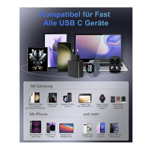 Poza cu Incarcator super Fast Charge 45W PD usb C, T4510 compatibil cu Samsung S25, S24, S24 ultra, 1 Cablu de date 1.8m USB-C - C 5A