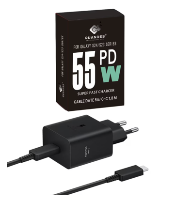 Imagine Kit Incarcator super Fast Charge 55W PD usb C, T4510 pentru Samsung S24, s23, S24 ultra, 1 Cablu de date 1.8m USB-C - C 5A