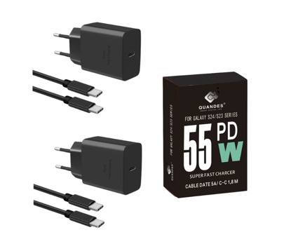 Imagine Set 4 buc Incarcator super Fast Charge 2buc, 55W PD GaN, usb C, T4510 compatibil cu Samsung S25, S24, S24 ultra, 2 Cablu de date 1.8m USB-C - C 5A