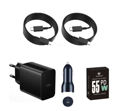 Imagine Kit Incarcator USB-C 55W GaN T4510, super Fast Charger, 2 Cablu date USB-C-C 5A, 1, 8M, incarcator auto USB-C-C 45W, Compatibil cu S25, S24, QUANDES®