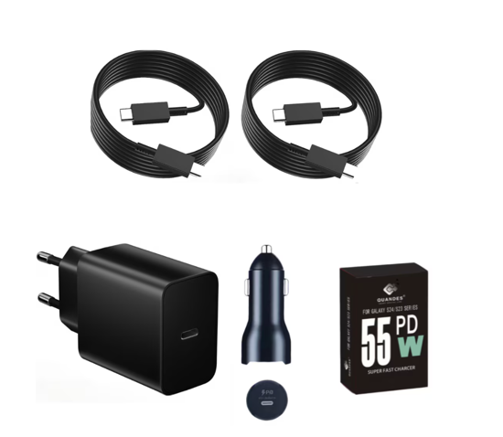 Imagine Kit Incarcator USB-C 55W GaN T4510, super Fast Charger, 2 Cablu date USB-C-C 5A, 1, 8M, incarcator auto USB-C-C 45W, Compatibil cu S25, S24, QUANDES®