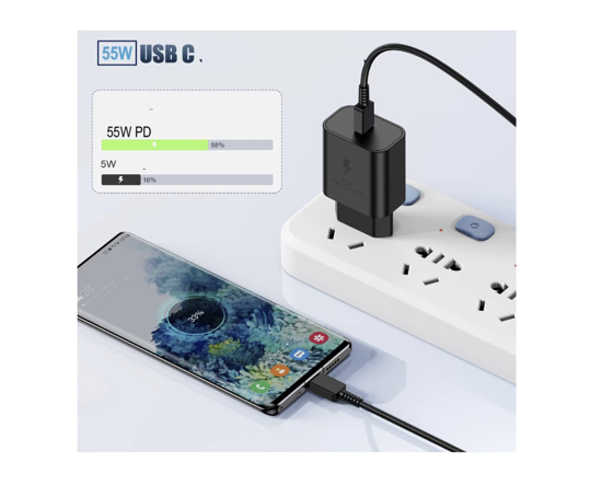 Poza cu Kit Incarcator USB-C 55W GaN T4510, super Fast Charger, 2 Cablu date USB-C-C 5A, 1, 8M, incarcator auto USB-C-C 45W, Compatibil cu S25, S24, QUANDES®