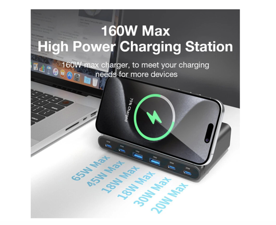 Poza cu Statie de incarcare USB de 160 W, incarcator wireless 7 in 1, 65 W, 45 W, PPS PD tip C, incarcare rapida universala, pentru Macbook, iPad, iPhone, Samsung, Huawei