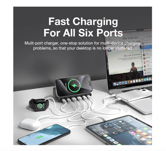 Imagine Statie de incarcare USB de 160 W, incarcator wireless 7 in 1, 65 W, 45 W, PPS PD tip C, incarcare rapida universala, pentru Macbook, iPad, iPhone, Samsung, Huawei