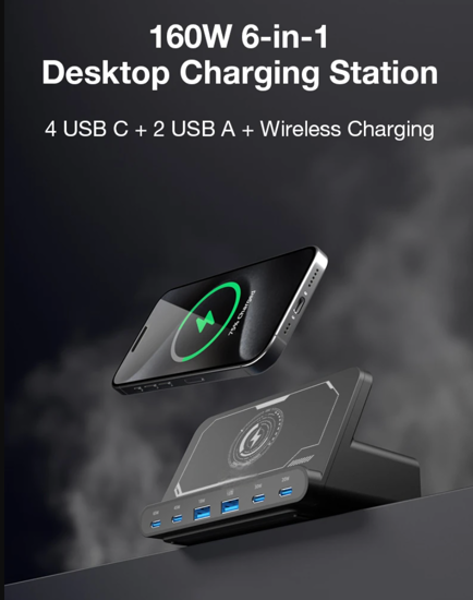 Poza cu Statie de incarcare USB de 160 W, incarcator wireless 7 in 1, 65 W, 45 W, PPS PD tip C, incarcare rapida universala, pentru Macbook, iPad, iPhone, Samsung, Huawei