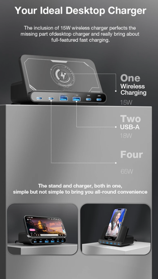 Poza cu Statie de incarcare USB de 160 W, incarcator wireless 7 in 1, 65 W, 45 W, PPS PD tip C, incarcare rapida universala, pentru Macbook, iPad, iPhone, Samsung, Huawei
