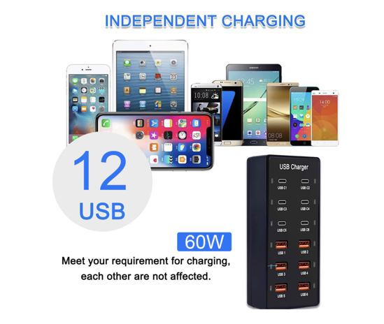 Poza cu Kit Statie de Incarcare USB 60W 12 in 1, 6 USB-C si 6 USB-A, Incarcare Ultrarapida, 5V 2.4A, 1 cablu date C-C- 5A 1-8m, 1 USB-C-A, Universal, pentru Telefon mobil, Tableta, Baterie externa