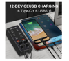 Imagine Kit Statie de Incarcare USB 60W 12 in 1, 6 USB-C si 6 USB-A, Incarcare Ultrarapida, 5V 2.4A, 1 cablu date C-C- 5A 1-8m, 1 USB-C-A, Universal, pentru Telefon mobil, Tableta, Baterie externa