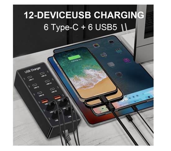Poza cu Kit Statie de Incarcare USB 60W 12 in 1, 6 USB-C si 6 USB-A, Incarcare Ultrarapida, 5V 2.4A, 1 cablu date C-C- 5A 1-8m, 1 USB-C-A, Universal, pentru Telefon mobil, Tableta, Baterie externa