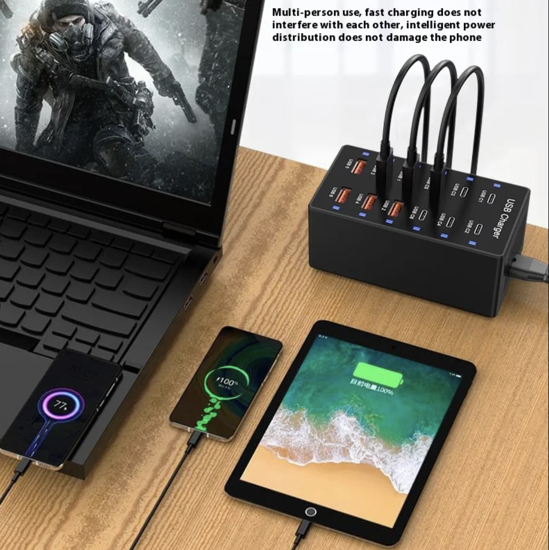 Poza cu Kit Statie de Incarcare USB 60W 12 in 1, 6 USB-C si 6 USB-A, Incarcare Ultrarapida, 5V 2.4A, 1 cablu date C-C- 5A 1-8m, 1 USB-C-A, Universal, pentru Telefon mobil, Tableta, Baterie externa