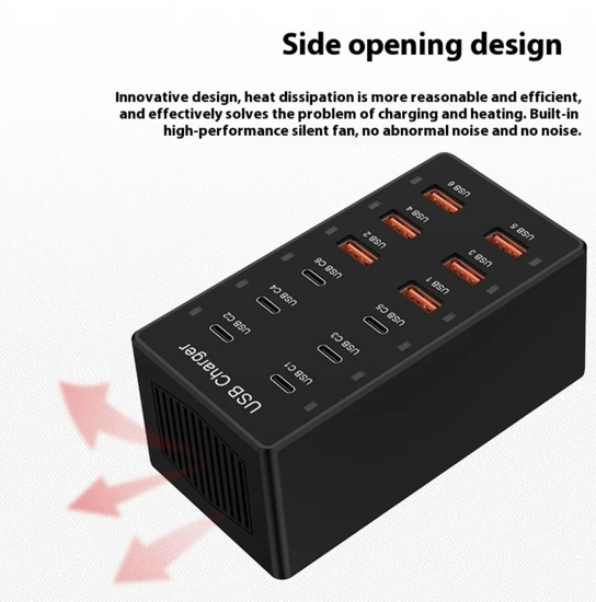 Poza cu Kit Statie de Incarcare USB 60W 12 in 1, 6 USB-C si 6 USB-A, Incarcare Ultrarapida, 5V 2.4A, 1 cablu date C-C- 5A 1-8m, 1 USB-C-A, Universal, pentru Telefon mobil, Tableta, Baterie externa